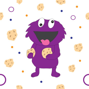 Seamless pattern cute monster with cookies,  vector illustration, suitable for children's textile, wallpaper, wrapping paper.	