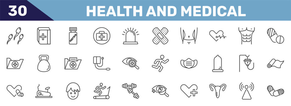 health and medical icon set with sperm, medical book, proteins, pills signs in flat outline style