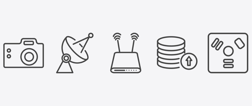 hardware and equipment icon set with parabolic, modem with two antenna, recharge, firewire signs in flat outline style