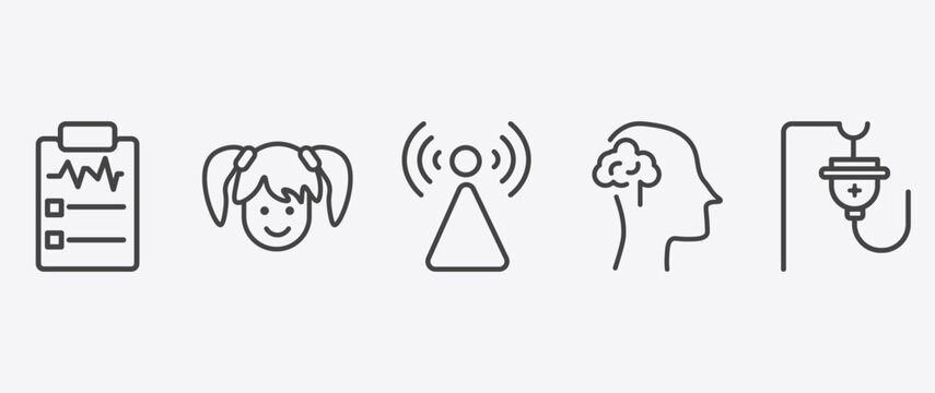 health and medical icon set with girl, non ionizing radiation, neurology, saline signs in flat outline style