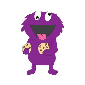 Cute purple monster with cookies, vector illustration, suitable for t-shirt, postcard, poster.	