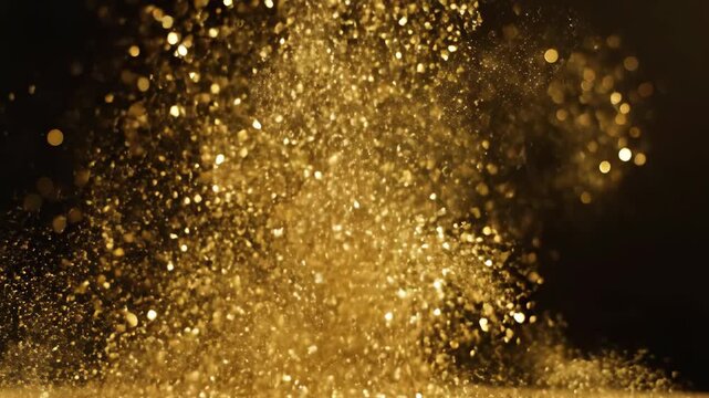 Golden glitter particles exploding against dark black background
