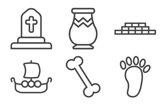history icon set with tomb, vase, viking ship, signs in flat outline style