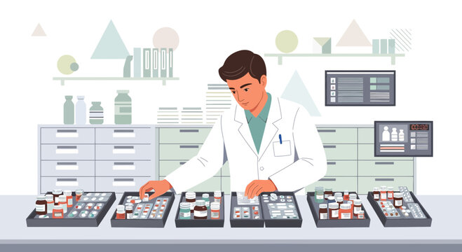 Pharmacist Sorting Medications in Pharmacy Dispensing Area