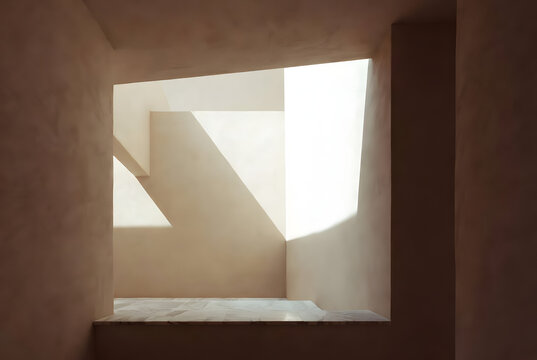 Minimalist Arabian adobe architecture with geometric shadows and natural light for luxury editorial