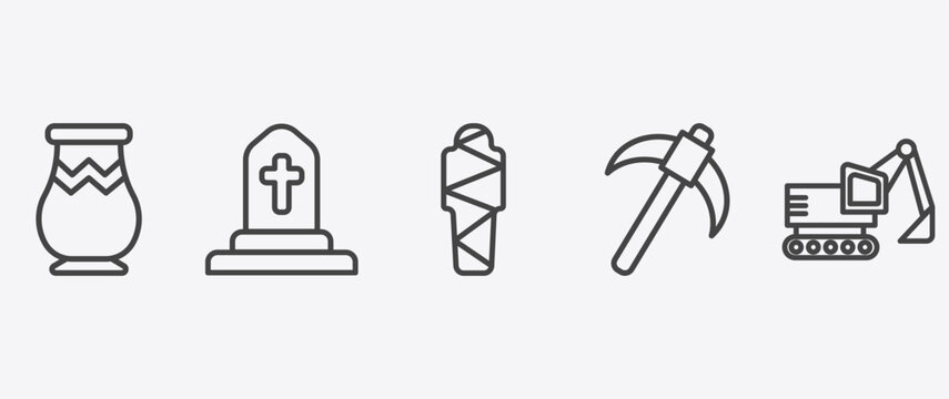 history icon set with tomb, egypt, pick, digger signs in flat outline style