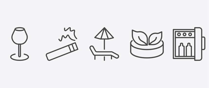 hotel and restaurant icon set with smoking, hammock, vegetarian, minibar signs in flat outline style