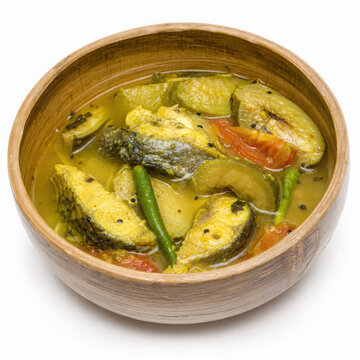 Ou Tenga Fish Curry in Bamboo Bowl Isolated on White Background Square Composition Studio Shot