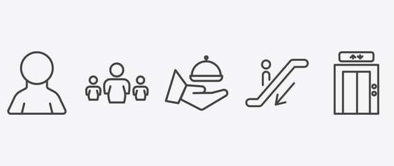 hotel and restaurant icon set with people, room service, or down, elevator signs in flat outline style © Abstract