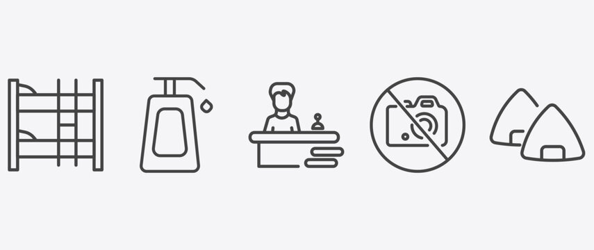 hotel and restaurant icon set with lotion, receptionist, no pictures, onigiri signs in flat outline style