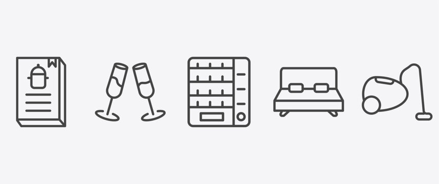 hotel and restaurant icon set with champagne, vending hine, double bed, vacuum cleaner signs in flat outline style