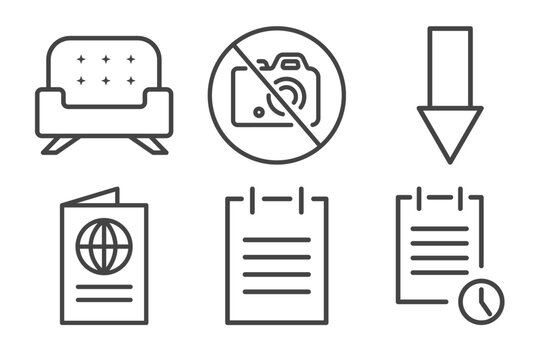 hotel and restaurant icon set with lounge, no pictures, passport, reservation signs in flat outline style