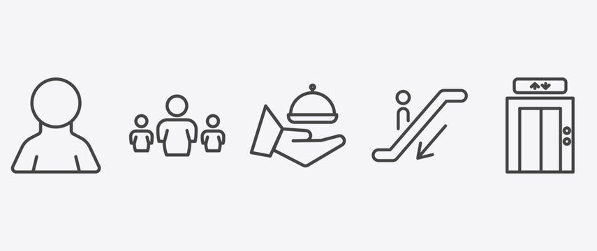 hotel and restaurant icon set with people, room service, or down, elevator signs in flat outline style