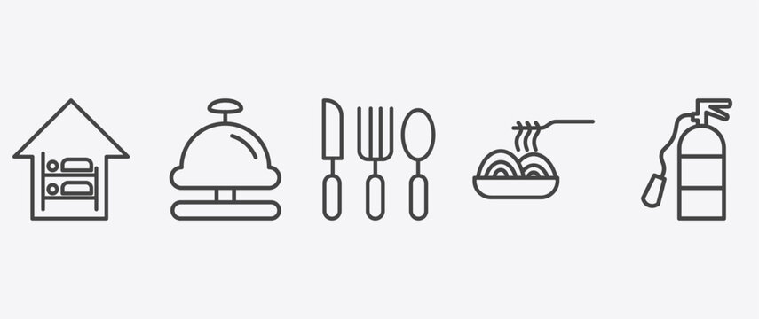 hotel and restaurant icon set with reception bell, cutlery, spaghetti, fire extinguisher signs in flat outline style