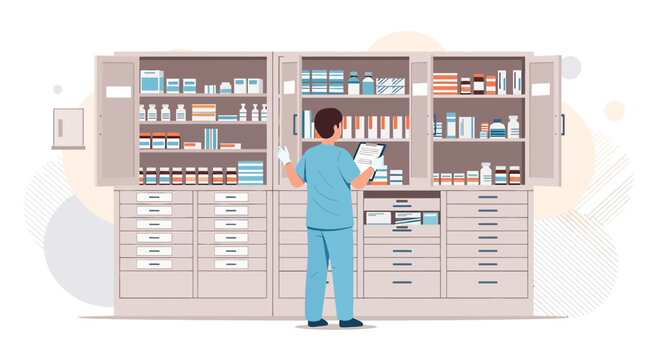 Pharmacist Organizing Medications in a Pharmacy with Drawers and Shelves