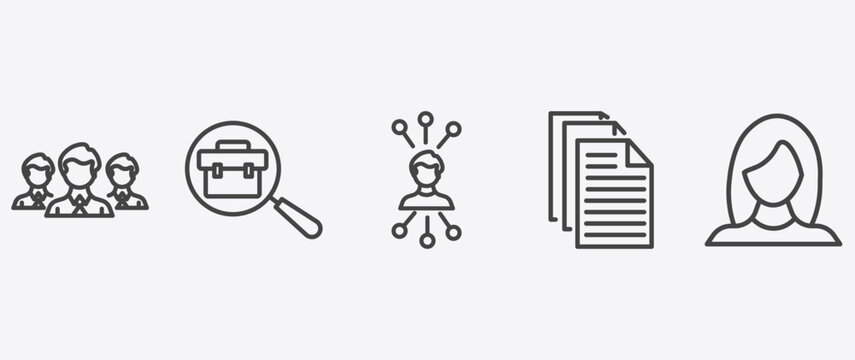 human resources icon set with job, multitask, files, women signs in flat outline style