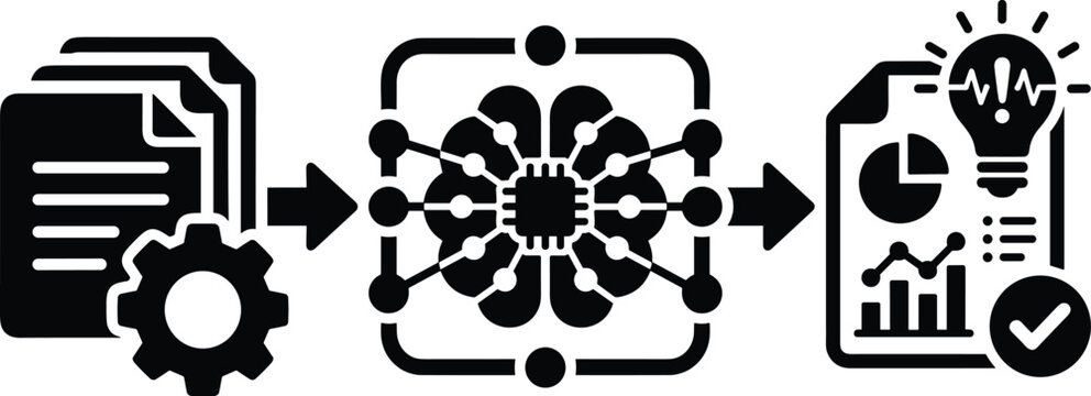 A flowchart showing data processing through an artificial intelligence brain to reach a creative business solution and a final report