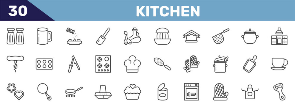 kitchen icon set with salt and pepper, mug, seasoning, bottle opener signs in flat outline style
