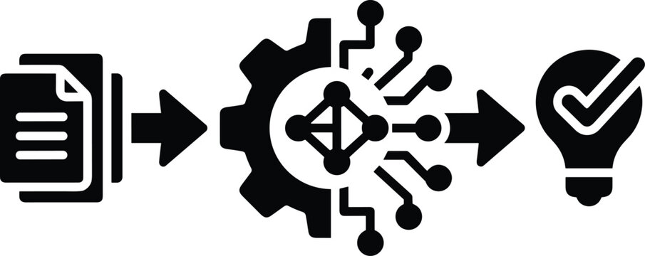 A digital document process flows through a central gear mechanism to reach a final light bulb idea with a check mark