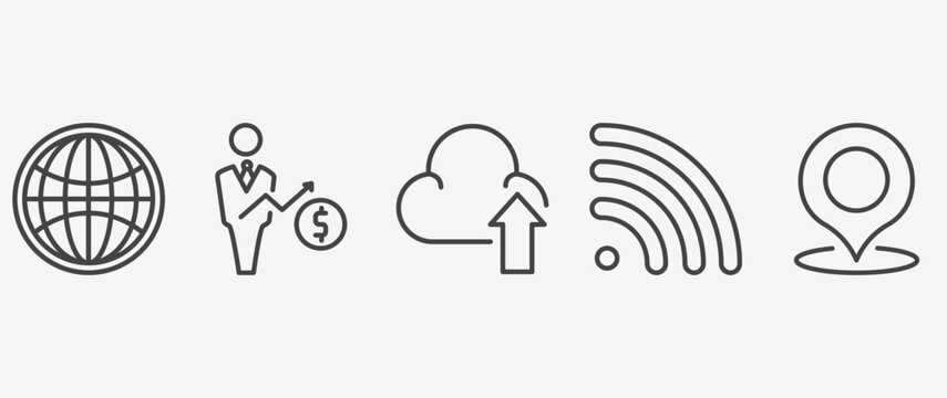marketing icon set with salesman, upload to cloud, rss, place signs in flat outline style