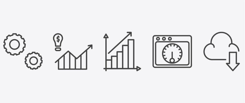 collection. outline icon set with demand, yield, velocity test, download from cloud signs in flat outline style