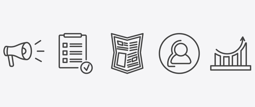 marketing icon set with result, gazette, consumer, performance signs in flat outline style