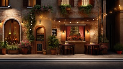 Fototapeta premium Cozy and Charming Outdoor Café Decorated with Warm Lights and Vibrant Flowers in an Intimate Urban Setting at Night