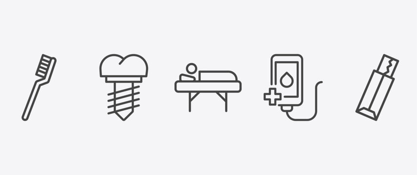 medical icon set with implants, illness on bed, transfusion, gum signs in flat outline style