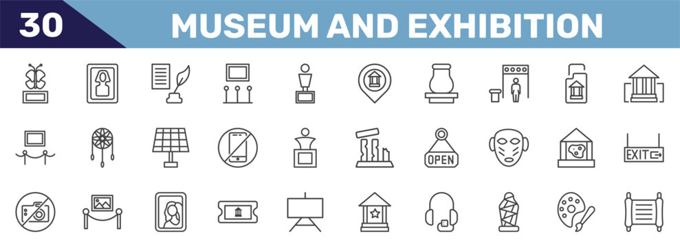 museum and exhibition icon set with butterfly, el greco, poetry, paper scroll signs in flat outline style