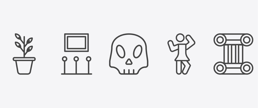 museum and exhibition icon set with exhibition, anthropology, ballet, antique column signs in flat outline style