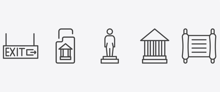 museum and exhibition icon set with archivist, statue, modern art, paper scroll signs in flat outline style