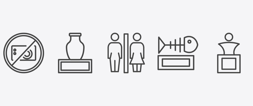 museum and exhibition icon set with ceramic, restroom, fishbone, sculpture signs in flat outline style