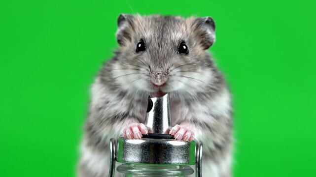 Close-up of an Adorable Dwarf Hamster on a Small Glass Bottle Against a Vibrant Green Background