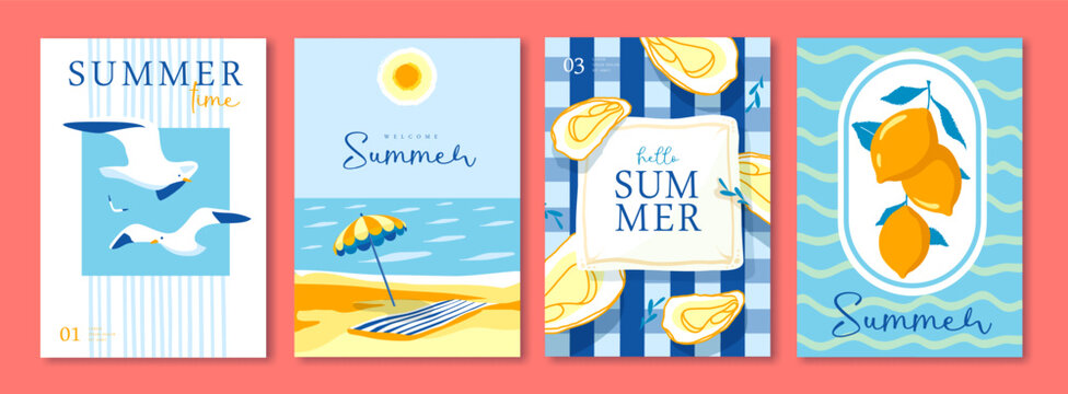 Set of summer Italian posters or covers with oysters, beach umbrella, tablecloth, lemons, seagulls and beach landscape. Vector illustration
