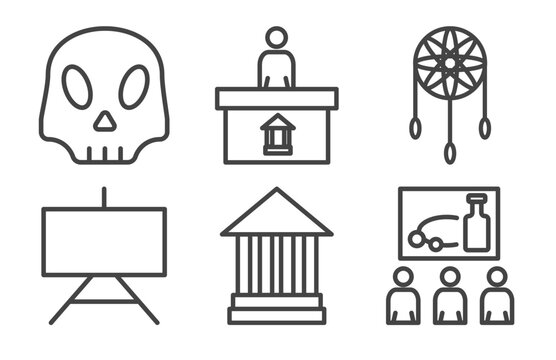 museum and exhibition icon set with anthropology, information desk, museum canvas, tour signs in flat outline style