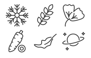 Obraz premium nature icon set with big snowflake, briar leaf, yucca, planet with satellite signs in flat outline style