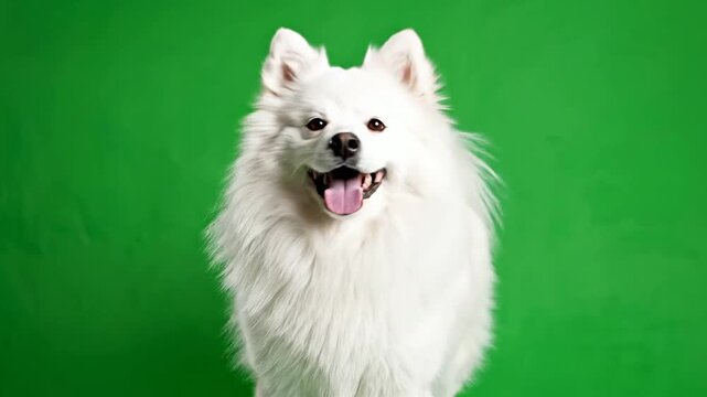 Close-Up of an Adorable Fluffy Samoyed Dog with Joyful Expression Against a Bright Green Background