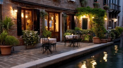 Obraz premium Serene Evening at a Quaint Italian Restaurant by the Canal with Soft Lighting and Lush Greenery