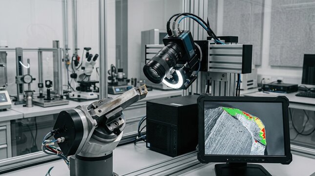 Medium shot in a controlled lab environment showcasing AIdriven camera grading precise tool edge conditions with advanced imaging technology for detailed analysis.