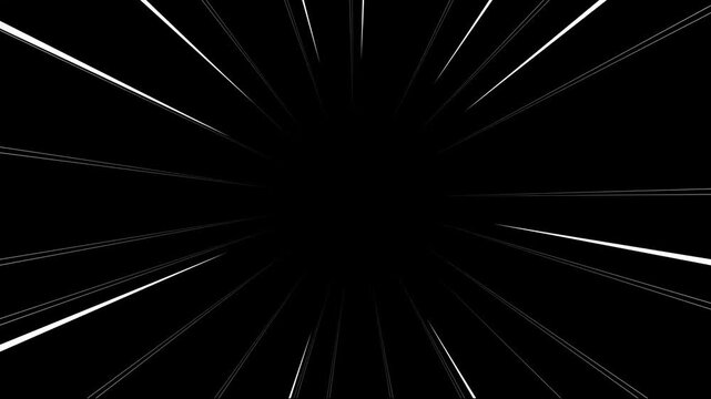 White manga speed line burst with directional streak motion, white lines radiating across solid black background for dramatic anime attack sequences and cinematic overlays