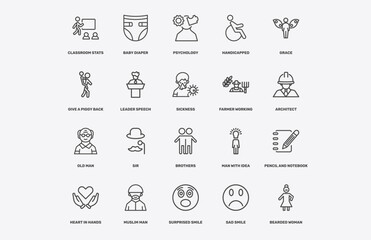 Fototapeta premium people and relation icon set with classroom stats, baby diaper, psychology, old man signs in flat outline style