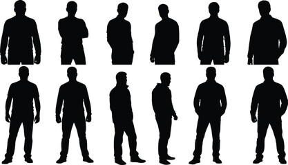 Silhouette collection of diverse standing human figures in various poses, gestures, and stances highlighting posture and body language © uzzala