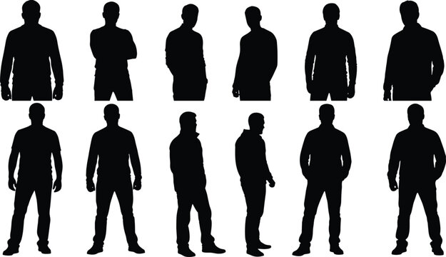 Silhouette collection of diverse standing human figures in various poses, gestures, and stances highlighting posture and body language