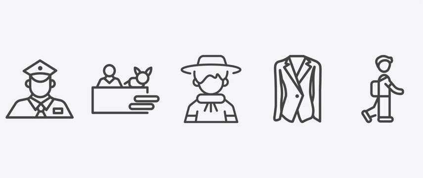 people icon set with vet with cat, argentina, women suit, children in school signs in flat outline style