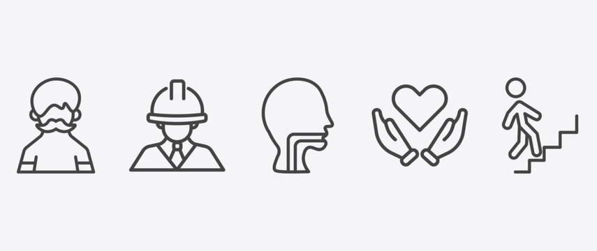 people and relation icon set with architect, throat, heart in hands, walking downstairs signs in flat outline style