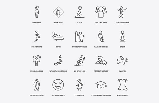 people icon set with bohemian, baby zone, julus, juggling ball signs in flat outline style