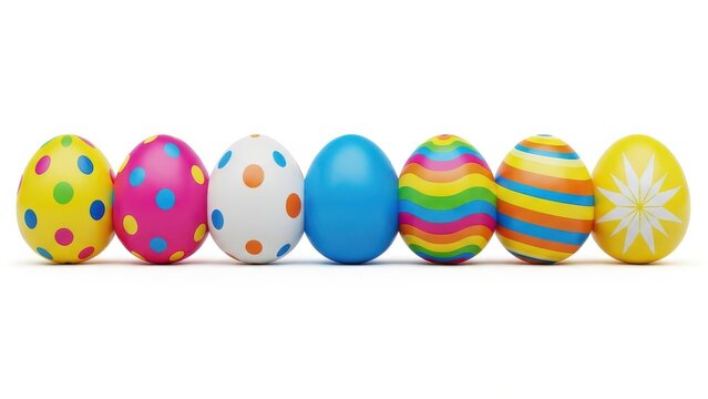 Decorative easter eggs stand in a straight line against a white background.