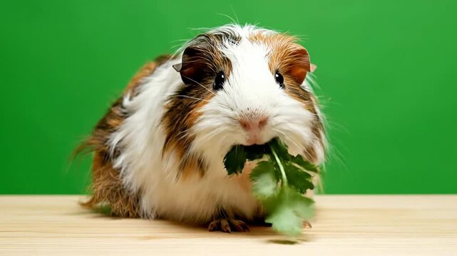 Close-Up Of An Adorable Guinea Pig Chewing On Fresh Coriander Against A Bright Green Background