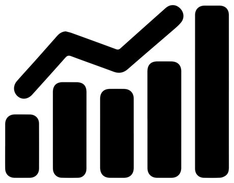 Solid black filled icon of cumulative total counter with increasing graph and bars on white background