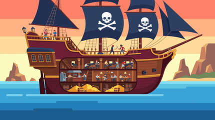 An elaborately designed pirate ship, showcasing a cross-section view with crew members at work and treasure chests overflowing with gold coins and valuables, adventure awaits! © Zhimin